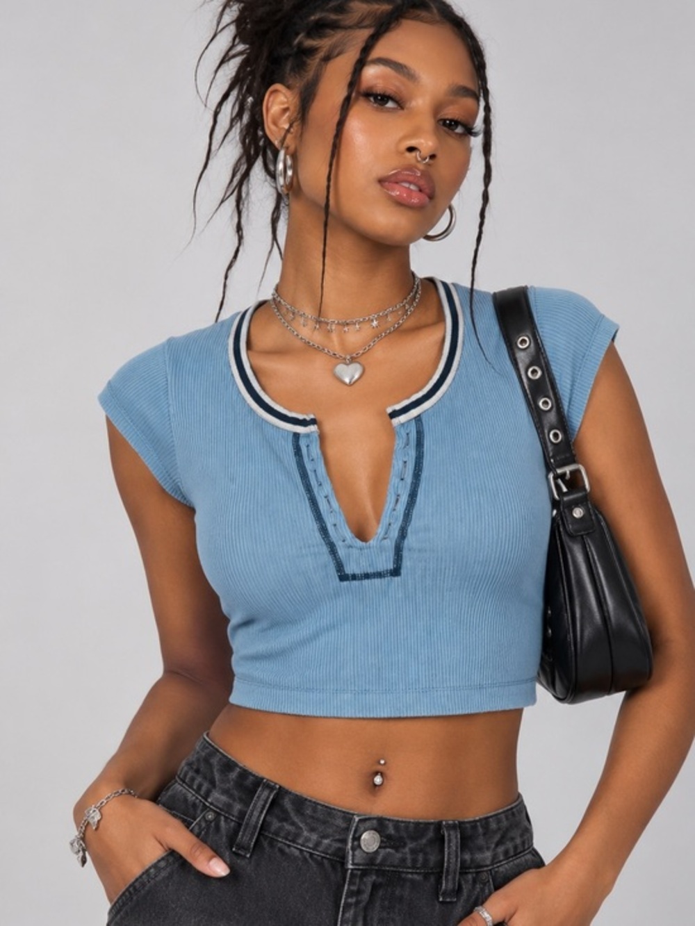 BDG Urban Outfitters Ribbed Cropped Baby Tee Blue Contrast Trim Y2K Top